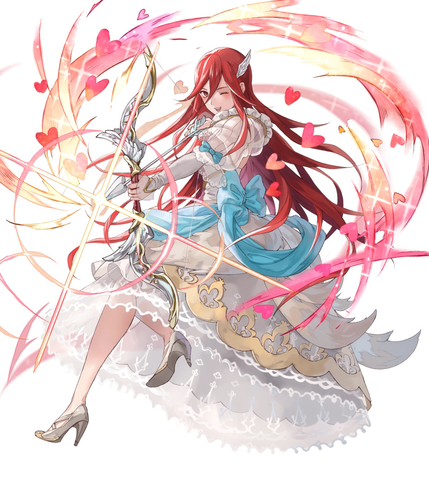 1girl arrow bangs blush bow_(weapon) bridal_gauntlets dress fire_emblem fire_emblem:_kakusei fire_emblem_heroes full_body hair_ornament heart high_heels highres holding holding_weapon long_hair looking_at_viewer mayo_(becky2006) official_art one_eye_closed open_mouth red_eyes redhead ribbon smile solo cordelia_(fire_emblem) cordelia_(fire_emblem)_(fire_emblem) transparent_background weapon wedding_dress white_dress
