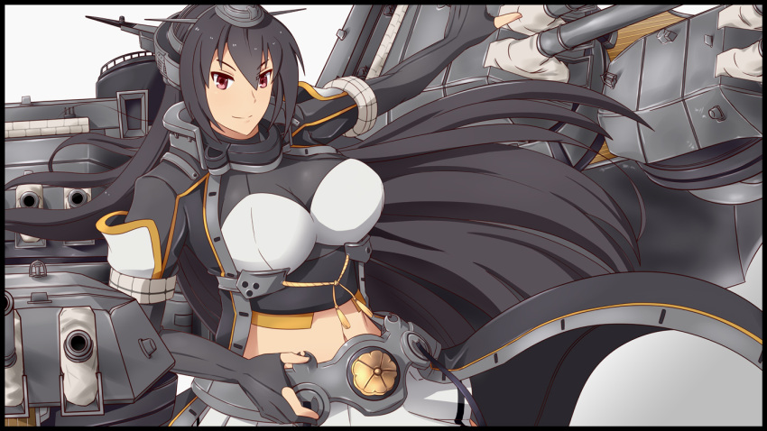 arm_up black_border black_hair black_jacket border breasts cannon collar elbow_gloves fingerless_gloves garter_straps gloves gudon_(iukhzl) hair_between_eyes hand_on_belt jacket kantai_collection large_breasts long_hair looking_at_viewer metal_belt midriff miniskirt nagato_(kantai_collection) navel pleated_skirt red_eyes remodel_(kantai_collection) rigging sandbag simple_background skirt smokestack striped striped_skirt turret white_background white_skirt