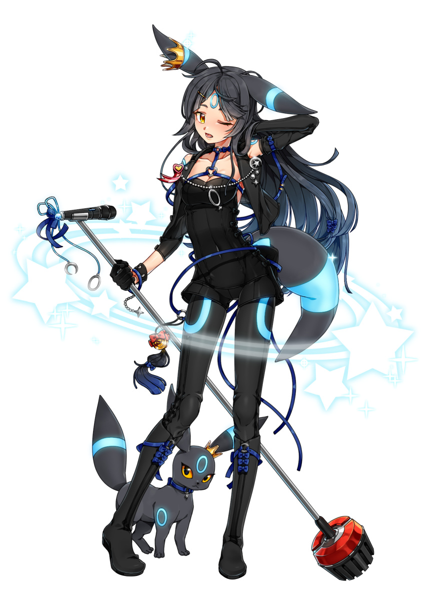 1girl ;d ahoge black_boots black_clothes black_gloves black_legwear boots breasts cleavage crown dh_(14537547) facial_mark forehead_mark full_body gloves hair_ornament hairclip highres knee_boots microphone microphone_stand one_eye_closed open_mouth personification pokemon pokemon_(creature) scratching_head small_breasts smile standing star tail tassel umbreon wristband