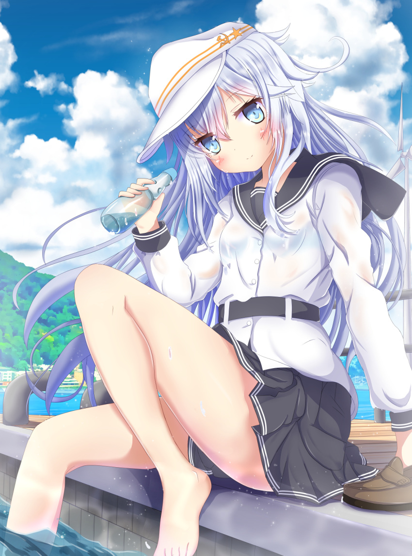 1girl arm_at_side aruka_(alka_p1) bare_legs barefoot belt black_skirt blue_bra blue_sky blush bra breasts buttons closed_mouth commentary_request day eyebrows_visible_through_hair flat_cap hair_between_eyes hammer_and_sickle hat hibiki_(kantai_collection) highres holding kantai_collection knee_up loafers long_sleeves looking_at_viewer miniskirt ocean outdoors pier pleated_skirt remodel_(kantai_collection) sailor_collar see-through shoes shoes_removed skirt sky small_breasts smile soaking_feet solo star town underwear verniy_(kantai_collection) water water_drop wet_coat white_coat