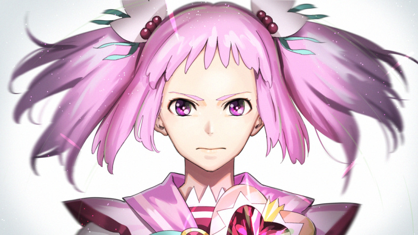 1girl amino_(tn7135) blurry depth_of_field hair_ornament kirameki_mamika light_particles magical_girl mugshot pink_eyes pink_hair re:creators short_hair short_twintails solo twintails wand white_background