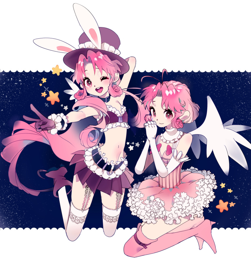 2girls ;d absurdres ahoge angel_wings animal_ears antenna_hair boots choker crop_top dress drill_hair dual_persona full_moon_wo_sagashite garter_straps gloves hat highres inhye long_hair meroko_yui multiple_girls multiple_persona one_eye_closed open_mouth pink_hair pleated_skirt praying rabbit_ears short_hair simple_background skirt smile thigh-highs thigh_boots top_hat v wings