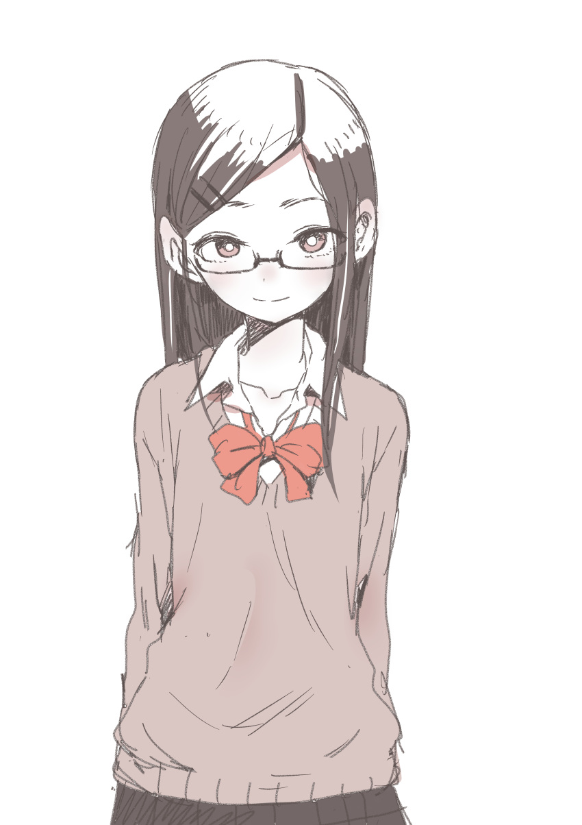 1girl absurdres bangs bespectacled bow bowtie brown_eyes brown_hair collarbone glasses hair_ornament hairclip highres karakai_jouzu_no_takagi-san light_smile long_hair school_uniform sidelocks sketch skirt solo sweater swept_bangs takagi-san white_background yamamoto_souichirou