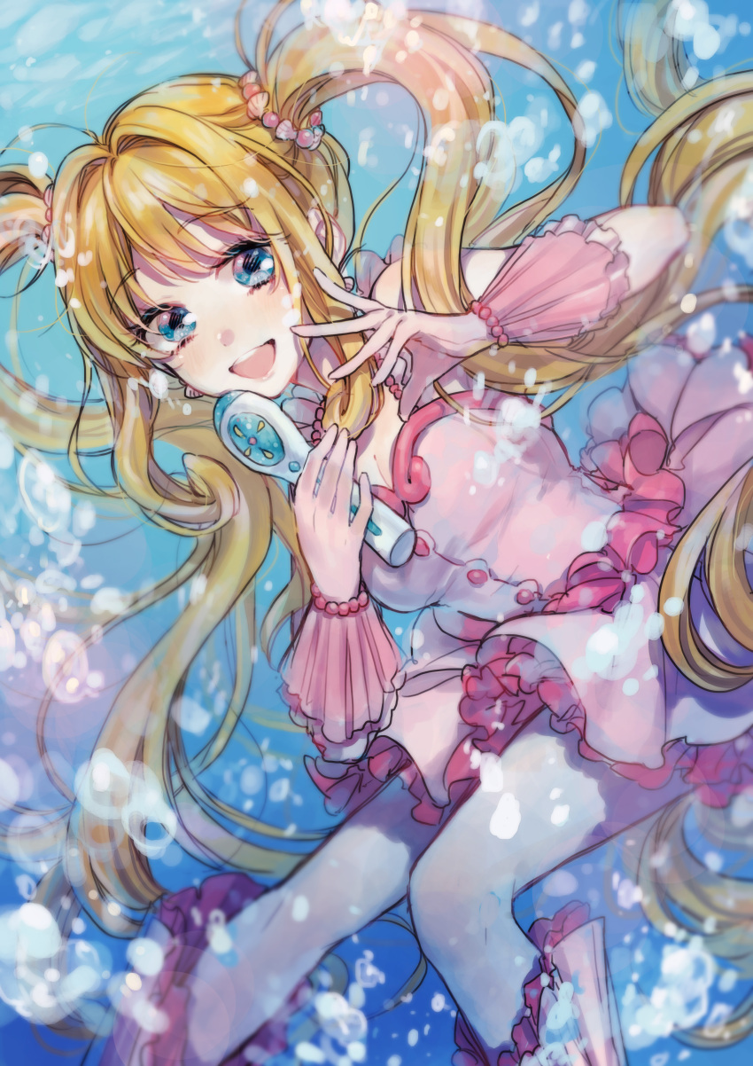 1girl :d absurdres bangs blonde_hair blue_eyes blush breasts bubble buttons dress earrings full_body gloves hair_ornament highres holding holding_microphone jewelry long_hair magical_girl mermaid_melody_pichi_pichi_pitch microphone nanami_lucia open_mouth pleated_skirt shell shells skirt smile solo sudach_koppe twintails underwater very_long_hair