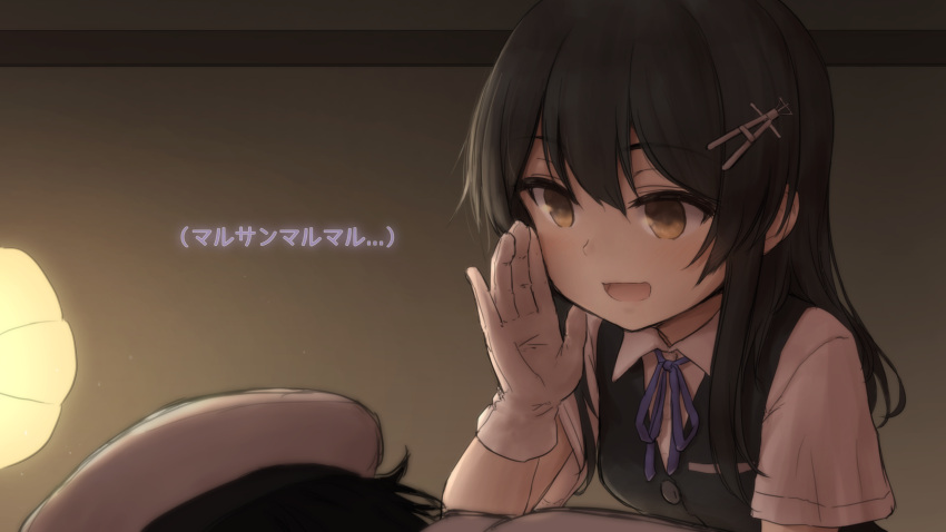 1boy 1girl admiral_(kantai_collection) black_hair black_vest blue_neckwear blue_ribbon blush buttons commentary_request eyebrows gloves hair_ornament hairclip hat highres kantai_collection neck_ribbon open_mouth oyashio_(kantai_collection) peaked_cap ribbon shirt short_sleeves smile solo_focus vest wamu_(chartreuse) white_gloves white_shirt yellow_eyes