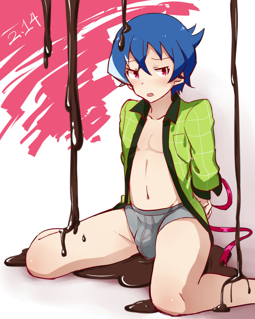 1boy akiba's_trip akiba's_trip_the_animation blue_hair boxer_briefs bulge chocolate chocolate_on_legs dated denkigai_tamotsu funkunsan green_shirt highres looking_at_viewer male_focus multicolored_hair no_pants open_clothes open_mouth open_shirt pink_eyes plaid plaid_shirt puddle shirt sitting solo streaked_hair valentine wariza wavy_mouth