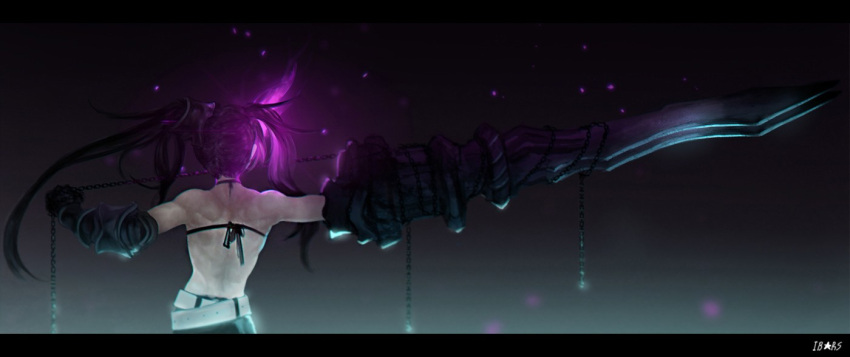 1girl anchovy_(artist) belt black_hair black_rock_shooter chains character_name from_behind gauntlets glowing gradient gradient_background holding insane_black_rock_shooter letterboxed long_hair outstretched_arm solo star sword twintails very_long_hair weapon