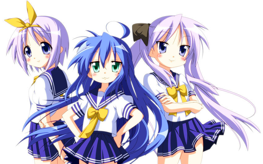 3girls :3 ahoge black_ribbon blue_eyes blue_hair blue_sailor_collar blue_skirt cowboy_shot crossed_arms green_eyes highres hiiragi_kagami hiiragi_tsukasa izumi_konata long_hair looking_at_viewer lucky_star multiple_girls neckerchief pleated_skirt purple_hair ribbon rindou_(awoshakushi) school_uniform serafuku short_hair simple_background skirt white_background yellow_neckerchief yellow_ribbon