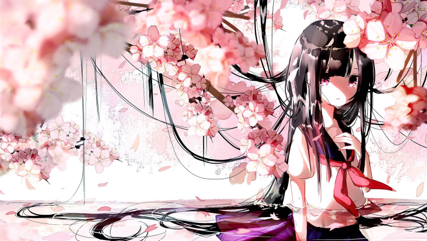 1girl bangs blouse blue_skirt blurry cherry_blossoms depth_of_field highres long_hair looking_at_viewer neckerchief original parted_lips partially_submerged pleated_skirt red_neckerchief school_uniform serafuku short_sleeves skirt solo tears very_long_hair violet_eyes white_blouse yuzua