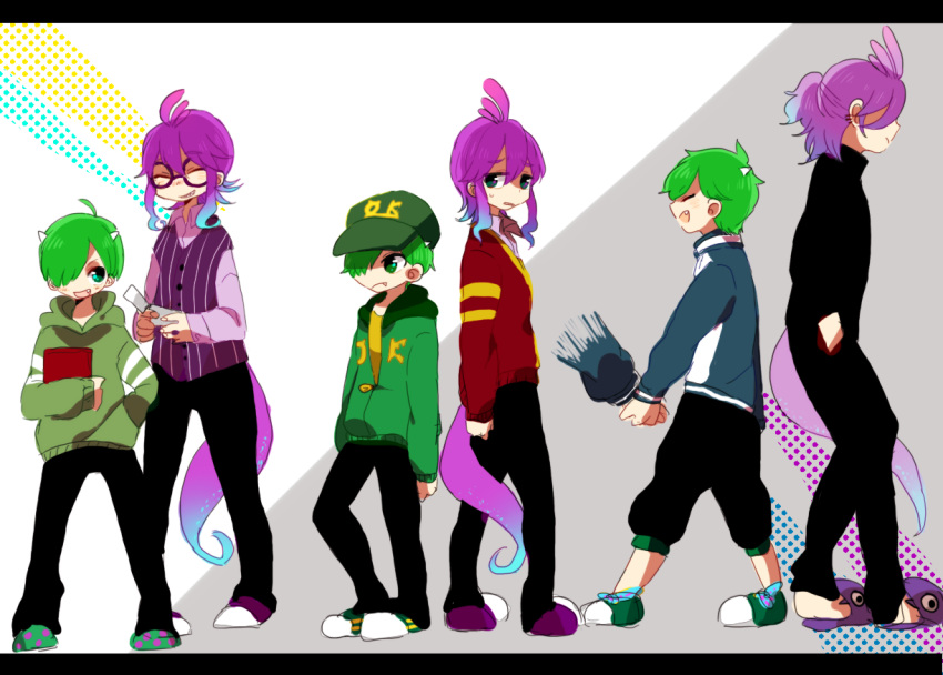 2boys age_progression fangs glasses green_eyes green_hair hair_over_one_eye hood hoodie horns lizard_tail male_focus michael_wazowski monsters_inc. monsters_university multiple_boys necktie one-eyed personification randall_boggs sharp_teeth short_hair smile tail teeth uniform vest younger