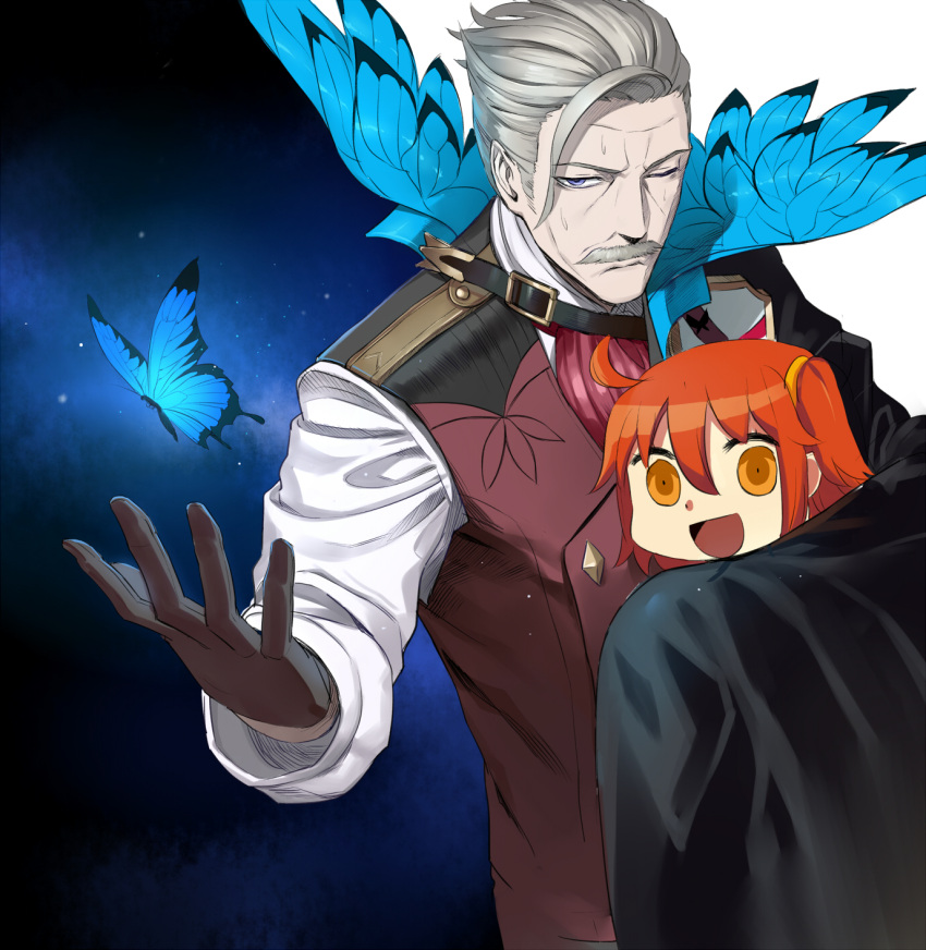 1boy 1girl :d ahoge arm_around_back bangs black_gloves blue_eyes butterfly chibi closed_mouth facial_hair fate/grand_order fate_(series) feng_ze fujimaru_ritsuka_(female) gloves hair_between_eyes hair_ornament hand_up highres james_moriarty_(fate/grand_order) looking_at_viewer looking_back mustache one_eye_closed open_mouth orange_eyes orange_hair riyo_(lyomsnpmp)_(style) side_ponytail sidelocks silver_hair smile sweat vest