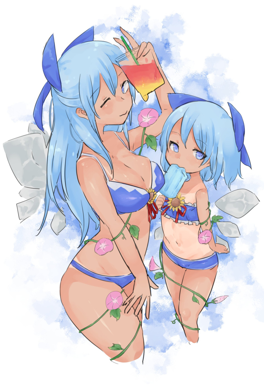 2girls ;) absurdres arm_at_side bad_proportions bikini bikini_tan blue_bikini blue_eyes blue_hair bow breasts child cirno cleavage cropped_legs dual_persona flat_chest flower food hair_bow half_updo hidden_star_in_four_seasons highres ice ice_wings large_breasts long_hair mouth_hold multiple_girls navel one-piece_tan one_eye_closed plant popsicle pushun_(muteki) short_hair sketch smile sunflower swimsuit tan tanline tanned_cirno touhou vines wings younger