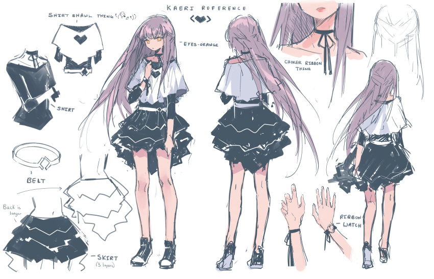 1girl belt black_choker black_ribbon character_sheet choker english from_behind highres kanekiru layered_skirt long_hair multiple_views navel purple_hair ribbon ribbon_choker shawl shirt shoes short_over_long_sleeves simple_background sneakers text white_background white_shirt