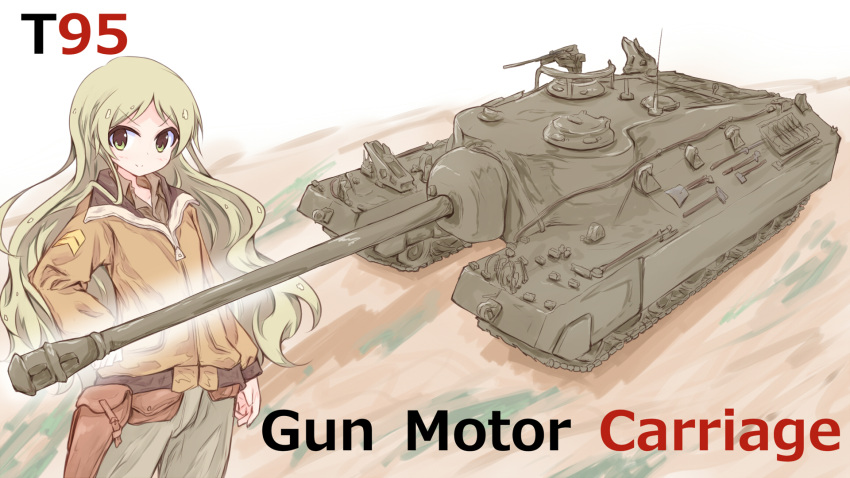 1girl artist_request english green_eyes ground_vehicle highres jacket long_hair military military_vehicle motor_vehicle original t28_super_heavy_tank t95 tank tank_destroyer
