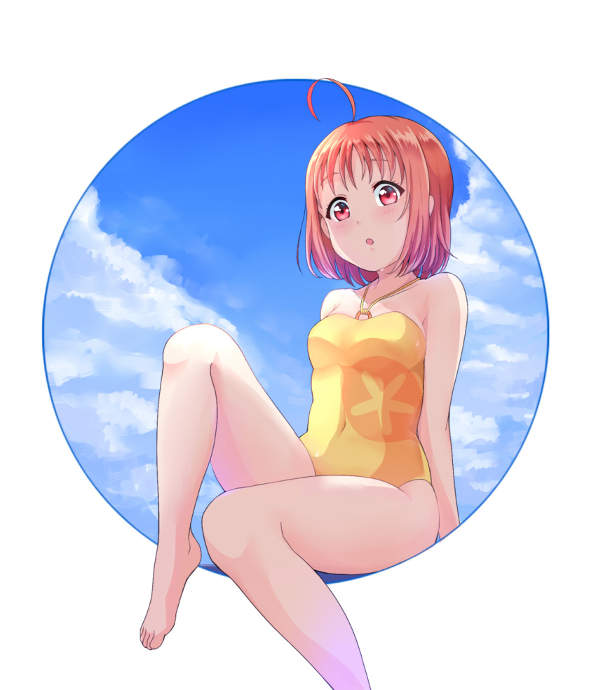 1girl ahoge arms_at_sides bad_id bangs bare_arms bare_legs barefoot blue_sky blush clouds collarbone commentary_request covered_navel day eyebrows_visible_through_hair foreshortening highres kanabun knee_up looking_at_viewer love_live! love_live!_sunshine!! o-ring_swimsuit red_eyes short_hair skin_tight sky solo swimsuit takami_chika tareme yellow_swimsuit
