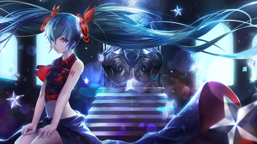 1girl aqua_hair ascot blue_eyes blurry bokeh breasts closed_mouth depth_of_field floating_hair hatsune_miku highres hong long_hair medium_breasts midriff revision shoulder_tattoo sitting skirt sleeveless smile solo stairs star star_print tattoo twintails very_long_hair violet_eyes vocaloid