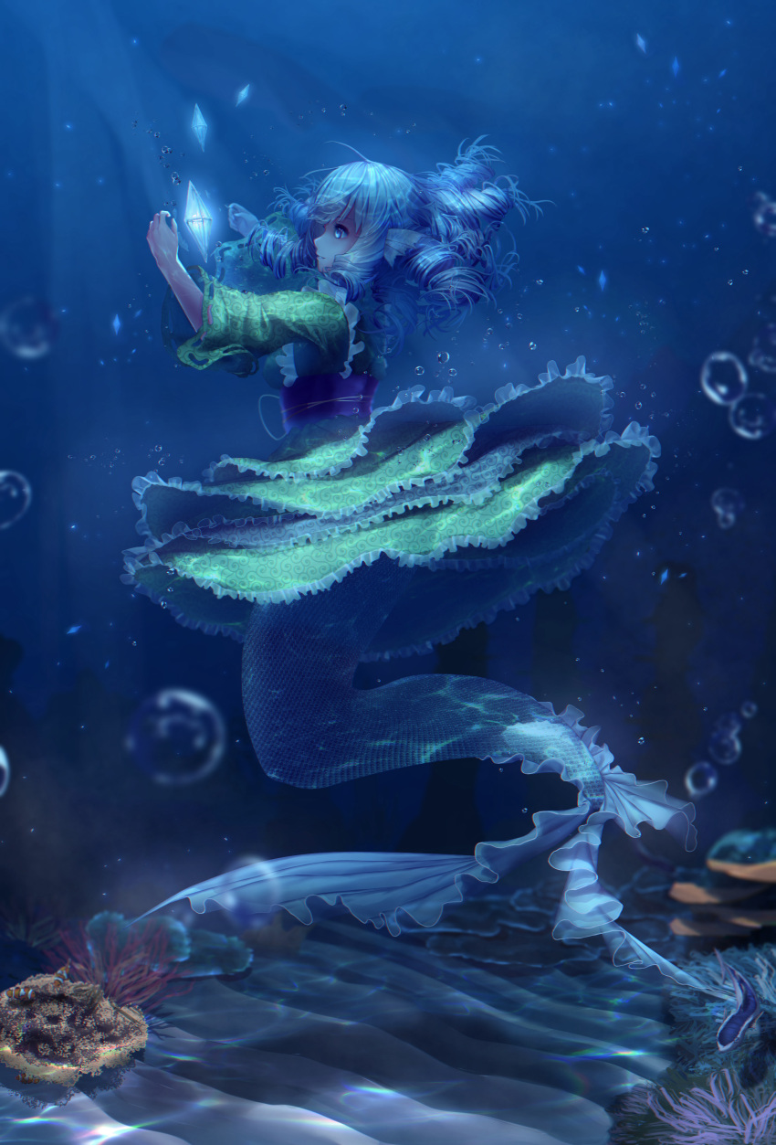 1girl absurdres air_bubble anemone_(flower) arms_up blue_eyes blue_hair blurry bubble clownfish coral crystal depth_of_field drill_hair fish flower freediving frilled_kimono frills from_side glowing green_kimono head_fins highres japanese_clothes kimono looking_to_the_side mermaid monster_girl obi parted_lips profile sand sash scales short_kimono sjao_(user_puww5733) solo touhou underwater wakasagihime