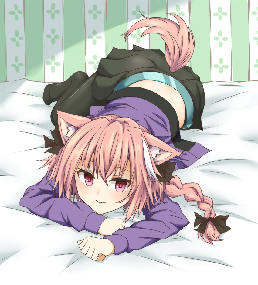 1boy animal_ears bed blush braid casual cat_ears cat_tail contemporary fang fate/apocrypha fate_(series) hair_ribbon highres long_hair looking_at_viewer lying on_stomach open_mouth otoko_no_ko pink_hair ribbon rider_of_black shika_tsui single_braid smile solo tail trap violet_eyes