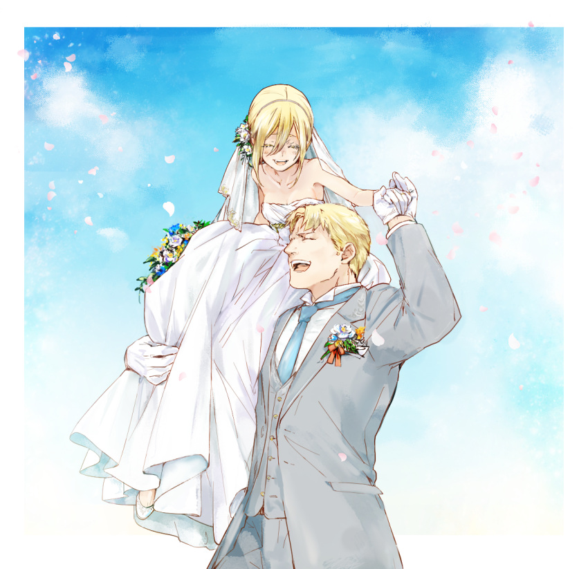 1boy 1girl ^_^ bare_shoulders blonde_hair blue_sky blush breasts bridal_veil carrying christa_renz cleavage closed_eyes collarbone collared_shirt commentary_request couple day dress flower gloves hand_holding happy long_sleeves married necktie okiami_(kotoriko252) over_shoulder reiner_braun shingeki_no_kyojin shirt sky small_breasts smile strapless strapless_dress tuxedo veil wedding wedding_dress white_gloves