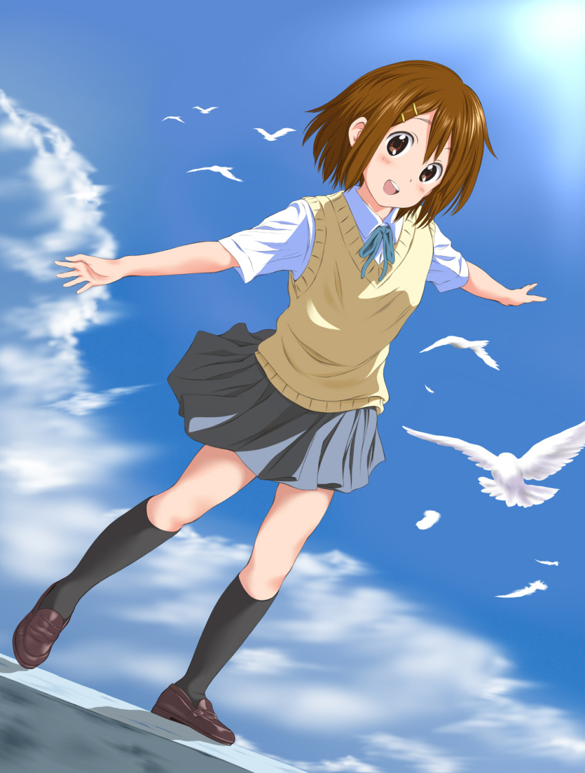 1girl bird black_legwear blush brown_eyes brown_hair day dove eyebrows_visible_through_hair feathers grey_skirt hair_ornament hairclip highres hirasawa_yui k-on! keisuke_(0320030103200301) kneehighs looking_at_viewer open_mouth short_hair skirt smile solo sun teeth