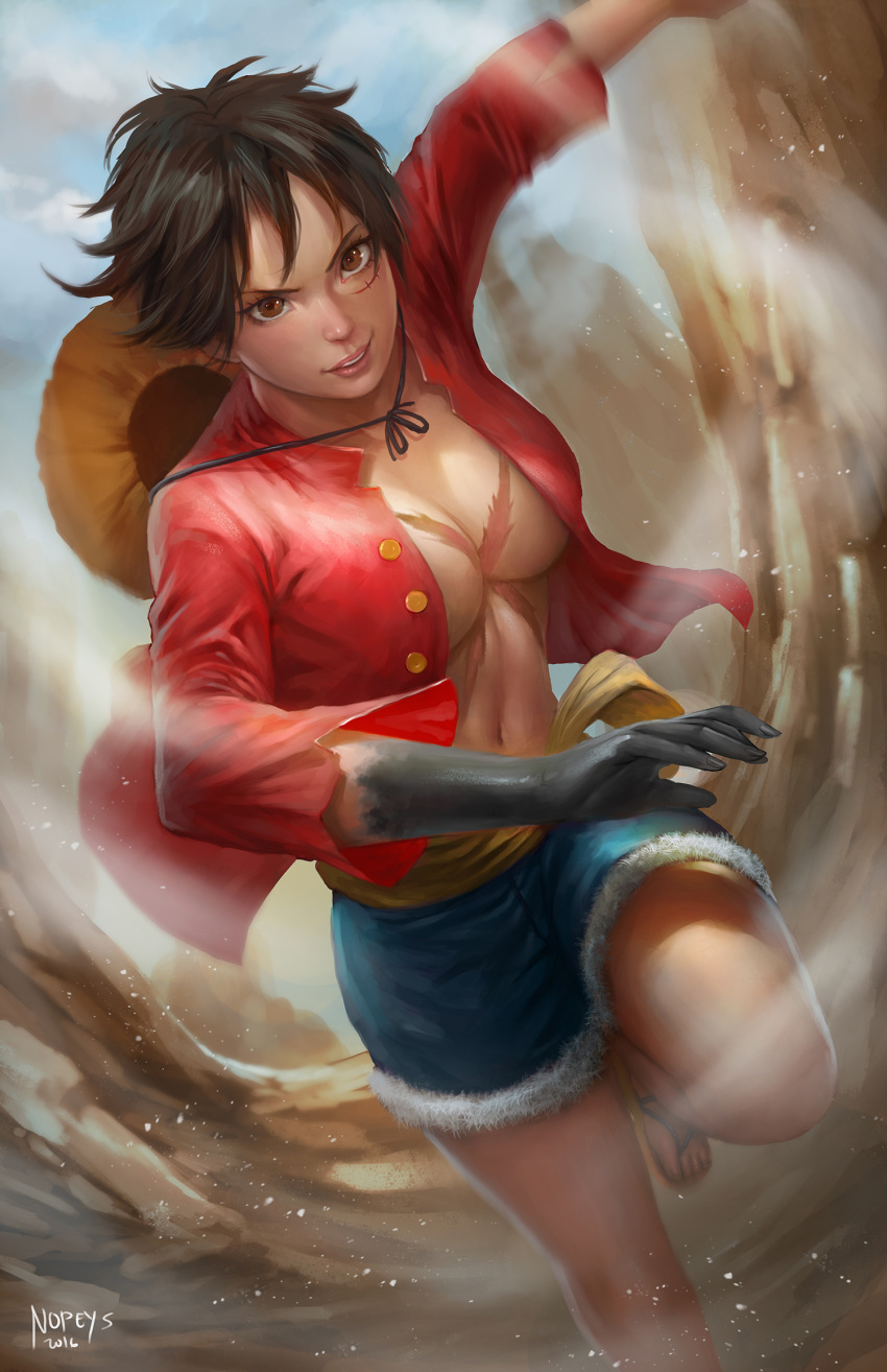 1girl artist_name black_hair blue_shorts blue_sky breasts brown_eyes clouds dated day facial_scar female fur-trimmed_shorts genderswap genderswap_(mtf) hat highres lips looking_at_viewer medium_breasts monkey_d_luffy motion_blur navel norman_de_mesa nose one_piece open_clothes open_shirt red_shirt running sandals scar shirt short_hair shorts sky smile solo stomach straw_hat sunlight teeth
