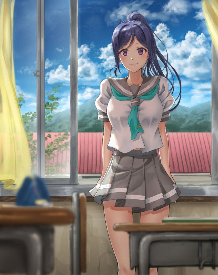 1girl aqua_neckerchief arms_at_sides blue_hair blurry breasts classroom clouds cloudy_sky commentary_request curtains day depth_of_field desk grey_skirt high_ponytail highres k_ryo large_breasts long_hair looking_at_viewer love_live! love_live!_sunshine!! matsuura_kanan neckerchief pleated_skirt ponytail revision school_desk school_uniform serafuku shirt short_sleeves skirt sky smile solo standing thigh_gap tie_clip violet_eyes wallet white_shirt window