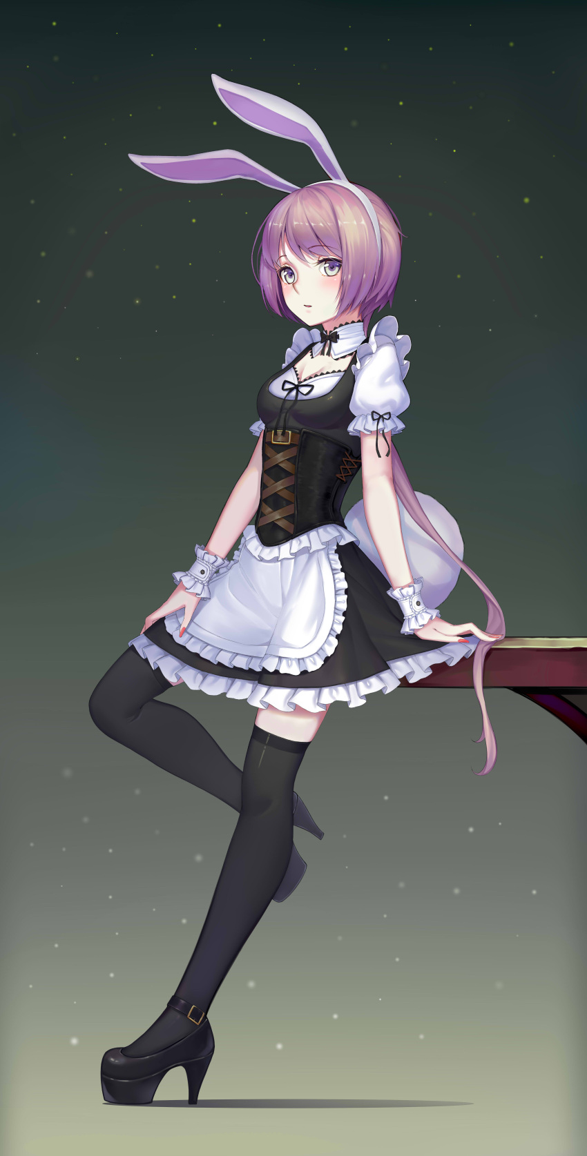 1girl absurdres animal_ears breasts bunny_tail cleavage gradient gradient_background highres long_hair looking_at_viewer maid nail_polish original pink_eyes pink_hair platform_footwear rabbit_ears solo sonikey0_0 tail thigh-highs wrist_cuffs