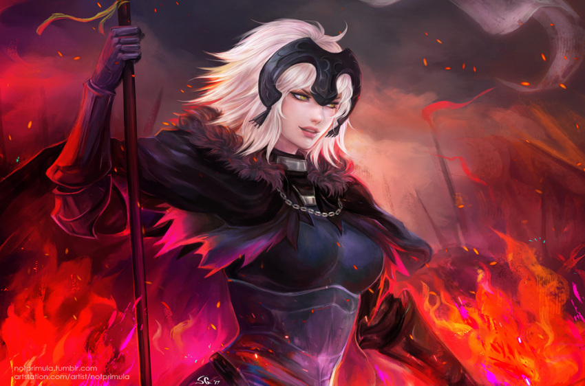 1girl armor armored_dress artstation_username breasts cape embers fate/grand_order fate_(series) fire fur_trim gauntlets grin headpiece jeanne_alter lance notprimula pennant polearm ruler_(fate/apocrypha) smile solo tumblr_username weapon white_hair yellow_eyes