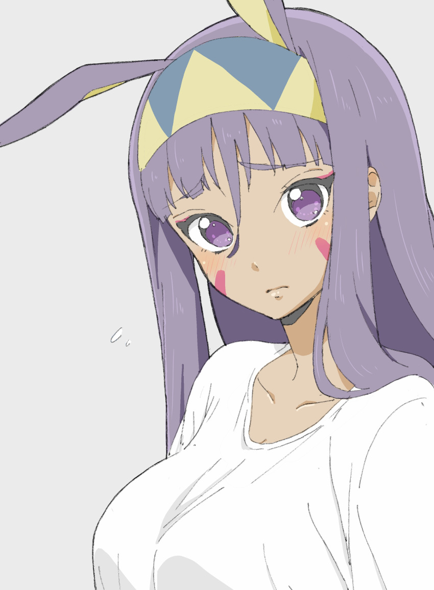 1girl absurdres alternate_costume animal_ears bangs blunt_bangs blush breasts closed_mouth collarbone commentary_request dark_skin donguri_suzume embarrassed expressionless facepaint fate/grand_order fate_(series) flying_sweatdrops grey_background hairband highres lips looking_at_viewer medium_breasts nitocris_(fate/grand_order) no_pupils purple_hair rabbit_ears simple_background solo upper_body violet_eyes