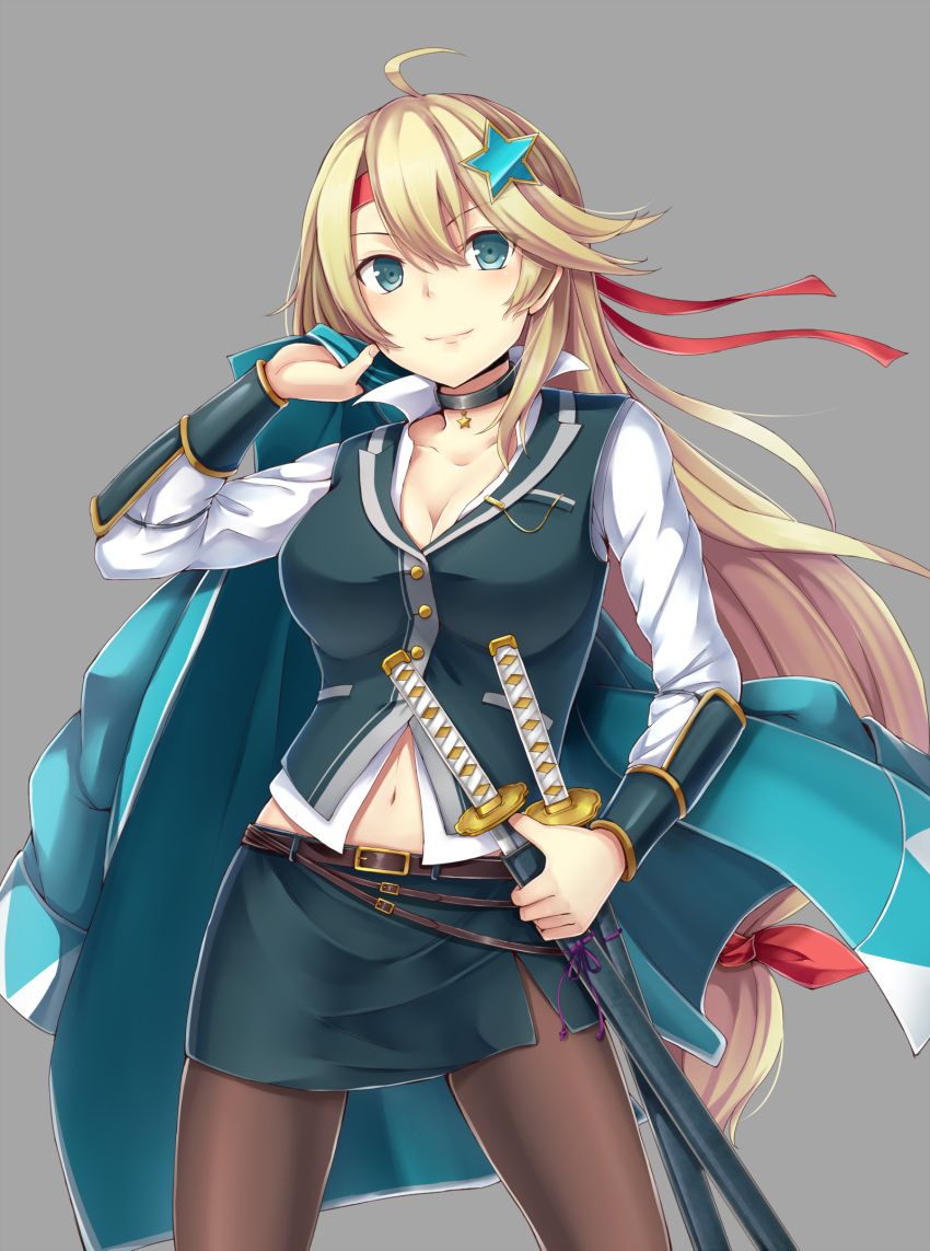 1girl ahoge belt blonde_hair blue_eyes breasts cleavage dabadhi goryoukaku_(oshiro_project) hair_ornament highres holding holding_weapon jacket long_hair looking_at_viewer low-tied_long_hair medium_breasts oshiro_project oshiro_project_re pantyhose pencil_skirt skirt smile solo star star_hair_ornament sword very_long_hair weapon