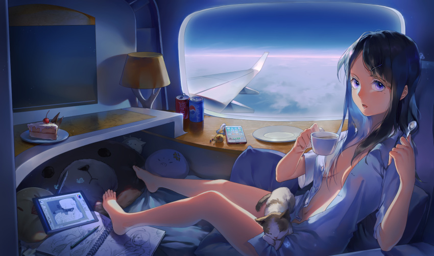 1girl airplane_interior animal animal_on_lap barefoot black_hair breasts cake cat cellphone coffee coffee_mug cup food hair_ornament hairclip highres holding holding_cup holding_spoon iphone lamp large_breasts looking_at_viewer medium_hair mole mole_under_eye navel open_mouth original pencil pepsi phone phone_screen plate sketchbook sky smartphone smartphone_case stuffed_animal stuffed_toy tablet teeth unbuttoned unbuttoned_shirt violet_eyes window yuket