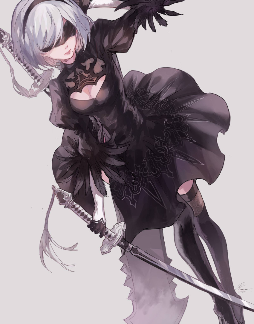 1girl black_blindfold black_dress blindfold bow cleavage_cutout dress feather-trimmed_sleeves feather_trim gloves hair_bow highres kanekiru katana lips mole mole_under_mouth nier_(series) nier_automata outstretched_arm short_hair silver_hair solo sword sword_behind_back thigh-highs vambraces weapon yorha_no._2_type_b