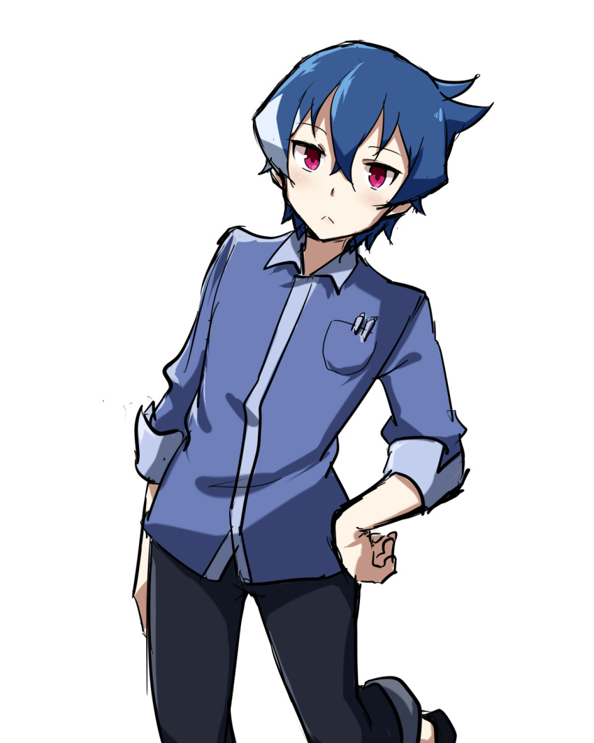 1boy :&lt; akiba's_trip akiba's_trip_the_animation black_pants blue_hair blue_shirt closed_mouth denkigai_tamotsu funkunsan hand_on_hip highres looking_at_viewer male_focus multicolored_hair pants red_eyes shirt short_hair simple_background sleeves_folded_up solo streaked_hair white_background