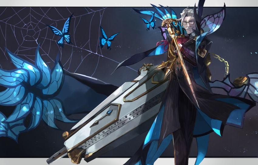 1boy blue_eyes butterfly chains closed_mouth facial_hair fate/grand_order fate_(series) formal glasses glint grey_hair gun highres holding holding_gun holding_sword holding_weapon james_moriarty_(fate/grand_order) looking_at_viewer male_focus mono_(jdaj) mustache rapier silk silver_hair smile solo spider_web standing suit sword weapon