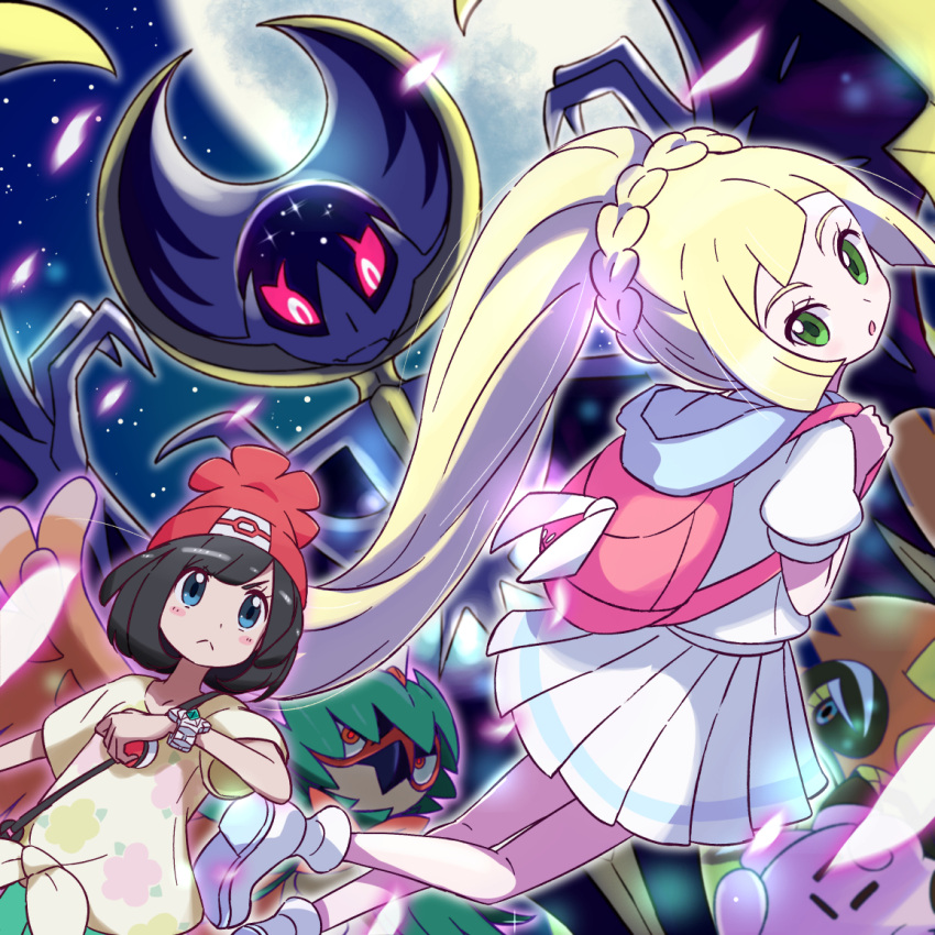 2girls backpack bag beanie black_hair blonde_hair blue_eyes clefairy decidueye green_eyes hat holding holding_poke_ball kingin lillie_(pokemon) long_hair lunala mizuki_(pokemon_sm) moon multiple_girls night night_sky poke_ball pokemon pokemon_(creature) pokemon_(game) pokemon_sm ponytail red_hat shirt short_hair short_sleeves skirt sky stuffed_animal stuffed_toy tapu_koko tied_shirt white_shirt white_skirt z-ring