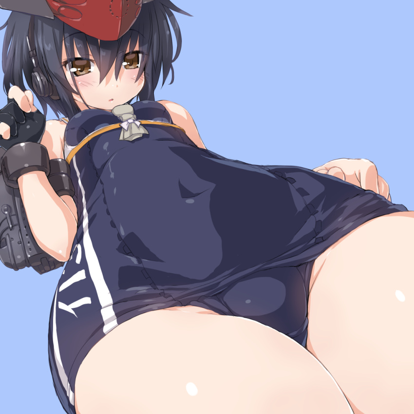 1girl asymmetrical_hair black_hair blush breasts brown_eyes clothes_writing covered_navel dd_(ijigendd) dutch_angle from_below gloves hair_between_eyes headphones i-13_(kantai_collection) kantai_collection looking_at_viewer open_mouth partly_fingerless_gloves sailor_collar school_swimsuit shiny shiny_clothes shiny_skin short_hair small_breasts swimsuit thighs tsurime