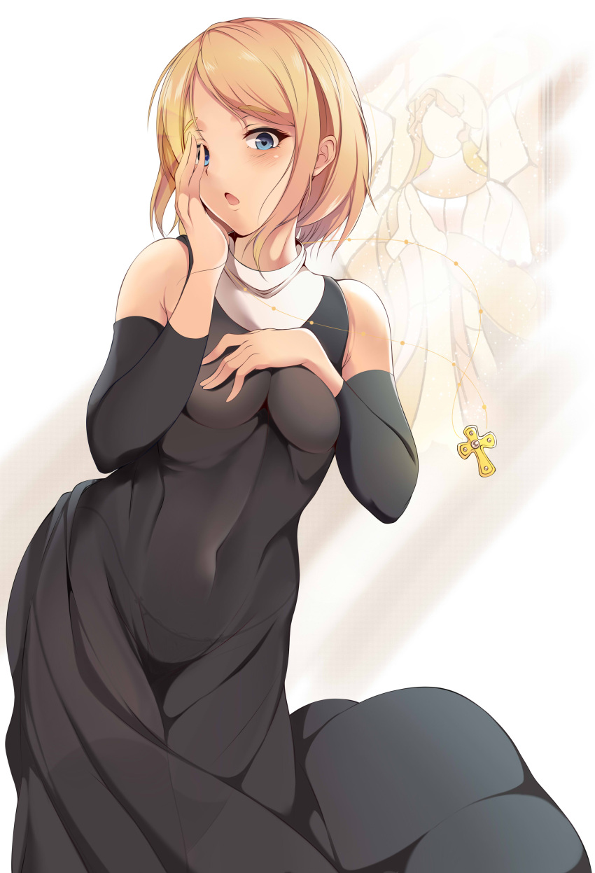 1girl absurdres bare_shoulders black_dress blonde_hair blue_eyes blush breasts commentary_request covered_navel cross detached_sleeves dress earrings eyebrows_visible_through_hair hand_on_own_chest hand_on_own_face heart heart-shaped_pupils highres jewelry junketsu_no_maria looking_at_viewer maria_(junketsu_no_maria) medium_breasts open_mouth panties see-through short_hair solo standing suigetsu_(hjs1106) symbol-shaped_pupils thigh-highs underwear