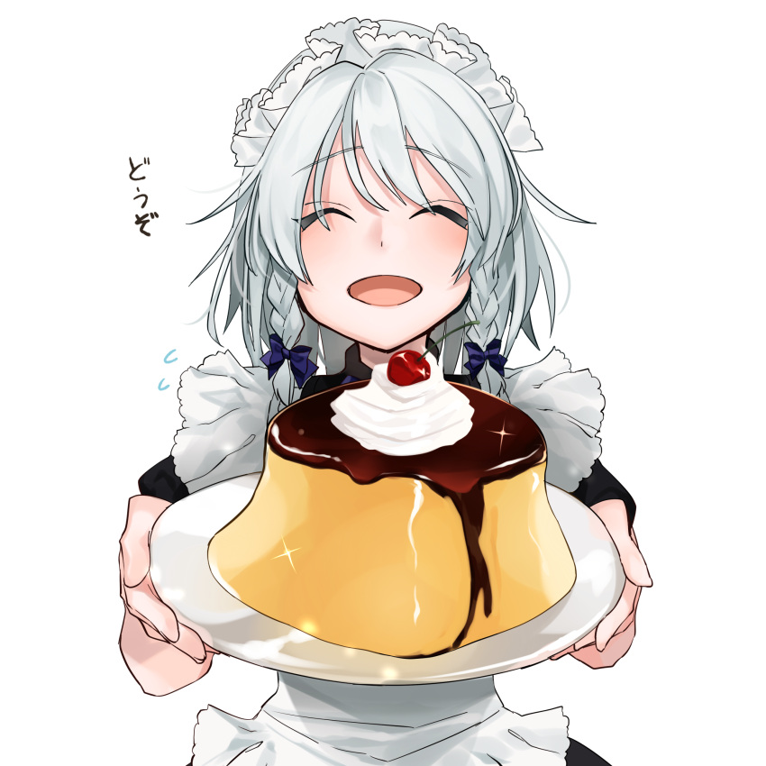 1girl apron blue_bow bow braid cherry closed_eyes cream food fruit gotoh510 hair_bow highres izayoi_sakuya maid_headdress open_mouth pudding silver_hair simple_background smile solo touhou twin_braids upper_body white_background