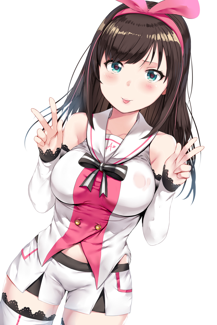 1girl :p a.i._channel absurdres aqua_eyes arm_warmers arms_at_sides bangs bare_shoulders black_ribbon blush bow breasts brown_hair closed_mouth collarbone double_w dutch_angle hair_bow hairband hand_gesture hands_up heart heart-shaped_pupils hews_hack highres huge_filesize kizuna_ai lace lace-trimmed_thighhighs long_hair looking_at_viewer medium_breasts multicolored_hair pink_bow pink_hair pink_hairband ribbon sailor_collar short_shorts shorts sidelocks simple_background solo standing straight_hair streaked_hair swept_bangs symbol-shaped_pupils thigh-highs tongue tongue_out vest w white_background white_legwear white_shorts white_vest