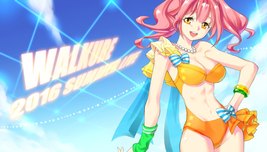 1girl armpits bikini bracelet breasts earrings frilled_bikini frills jewelry large_breasts macross macross_delta makina_nakajima necklace orange_bikini orange_eyes pink_hair ribbon ring sky swimsuit tombsakura