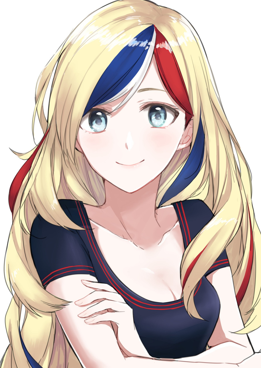 1girl alternate_costume black_shirt blonde_hair blue_eyes blue_hair casual collarbone commandant_teste_(kantai_collection) crossed_arms highres kantai_collection long_hair morinaga_(harumori) multicolored_hair redhead shirt short_sleeves simple_background smile solo streaked_hair white_background white_hair