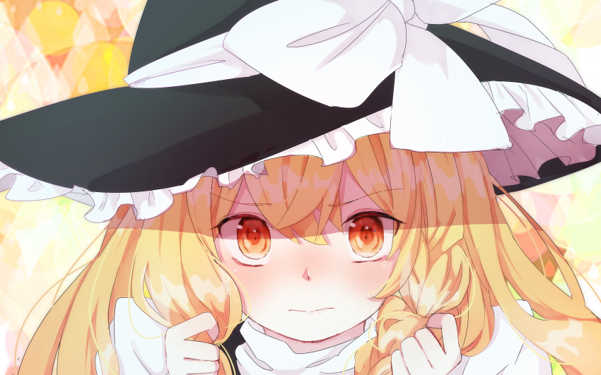 1girl 3: 3:&lt; absurdres blonde_hair blush braid close-up highres holding holding_hair kirisame_marisa mo_myako orange_eyes single_braid solo touhou