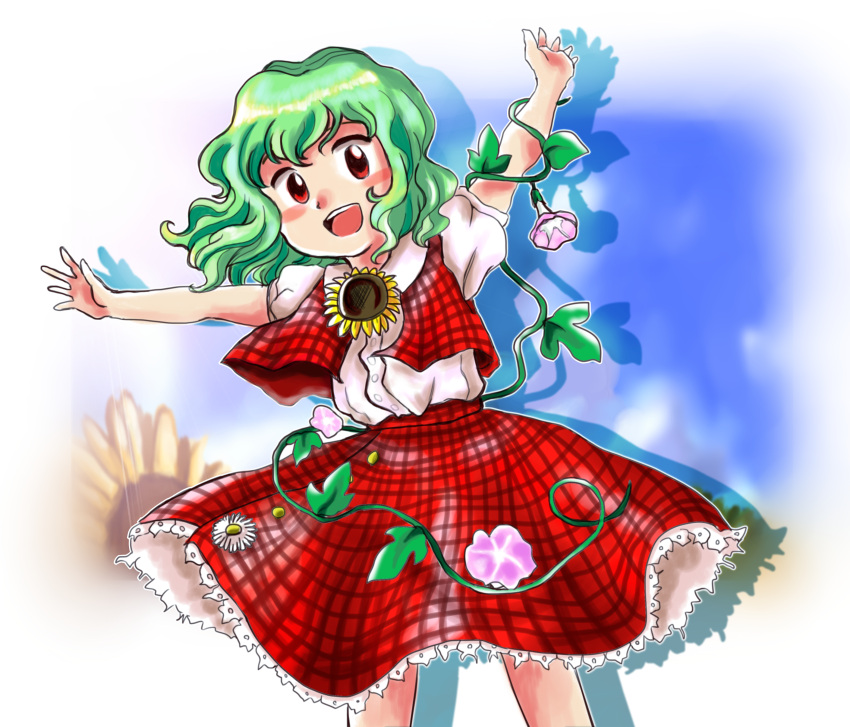 1girl :d absurdres blouse blush_stickers cosplay cowboy_shot flower green_hair hidden_star_in_four_seasons highres kazami_yuuka miura_(herselves) open_mouth outstretched_arms plaid plaid_skirt plaid_vest plant puffy_short_sleeves puffy_sleeves red_eyes short_hair short_sleeves skirt skirt_set smile solo spread_arms standing sunflower tanned_cirno tanned_cirno_(cosplay) touhou vest vines younger