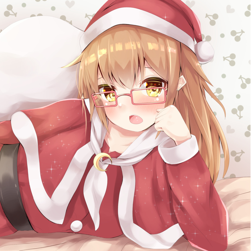 1girl black_belt blush brown_hair cape capelet cherry_print collarbone crescent dress food_print fur_trim glasses hamalu hand_on_own_face hat highres indoors kantai_collection long_hair looking_at_viewer lying mochizuki_(kantai_collection) on_side open_mouth red-framed_eyewear red_cape red_dress santa_costume santa_hat solo yellow_eyes