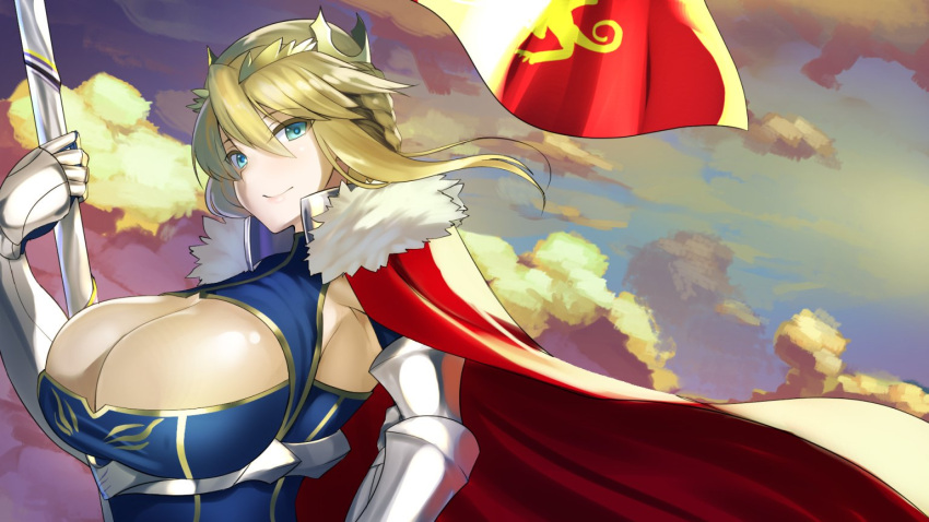 1girl armor blonde_hair breasts cape cleavage fate/stay_night fate_(series) flag gauntlets green_eyes large_breasts mu-nyako red_cape shiny shiny_skin smile solo