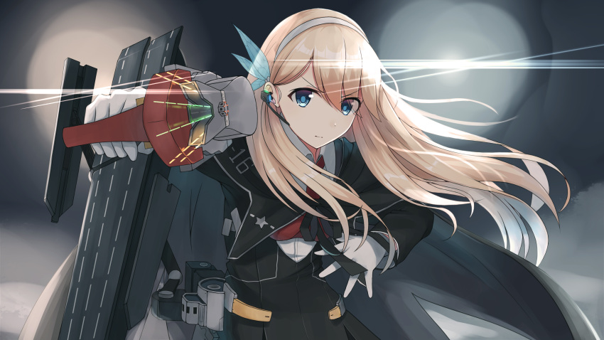 1girl arm_up bangs black_coat blonde_hair blue_eyes capelet closed_mouth deck earpiece fighting_stance flashing floating_hair gloves hair_between_eyes hair_ornament hairband highres holding holding_weapon lexington_(cv-16)_(zhan_jian_shao_nyu) light_rays long_hair looking_at_viewer machinery n2_(yf33) necktie open_hand red_necktie shirt simple_background solo upper_body weapon white_gloves white_shirt zhan_jian_shao_nyu
