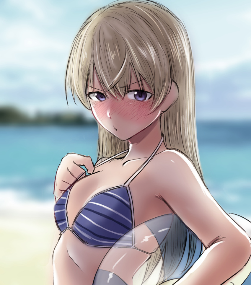 1girl beach bikini bikini_top blonde_hair blurry depth_of_field eila_ilmatar_juutilainen highres innertube liar_lawyer long_hair purple_bikini solo strike_witches striped striped_bikini swimsuit upper_body violet_eyes world_witches_series