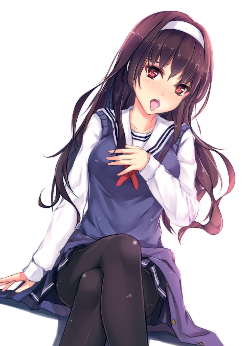 1girl blush hair_ornament hand_on_breast hentai_kuwa highres kasumigaoka_utaha legs_crossed long_hair looking_at_viewer open_mouth pantyhose purple_hair red_eyes saenai_heroine_no_sodatekata saliva school_uniform sitting tongue tongue_out