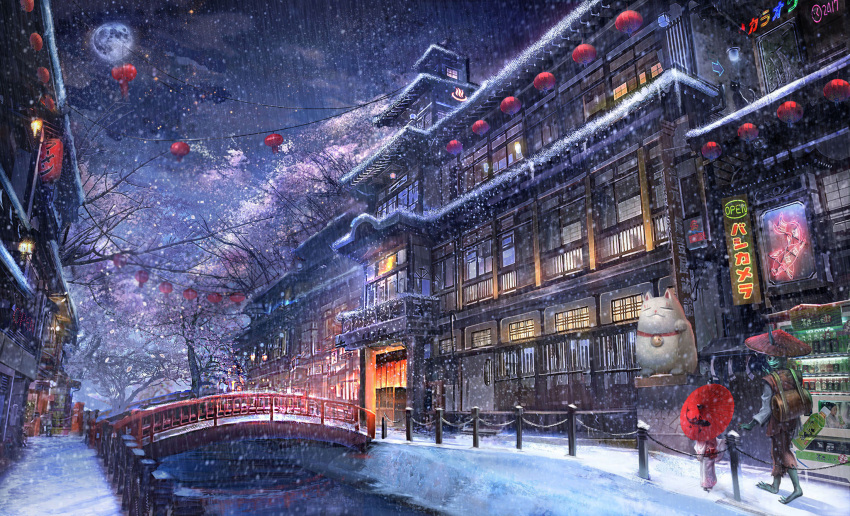 bridge full_moon highres holding holding_umbrella lantern looking_at_another moon night no_humans one-eyed open_sign original parasol sangrde snow snowing umbrella window