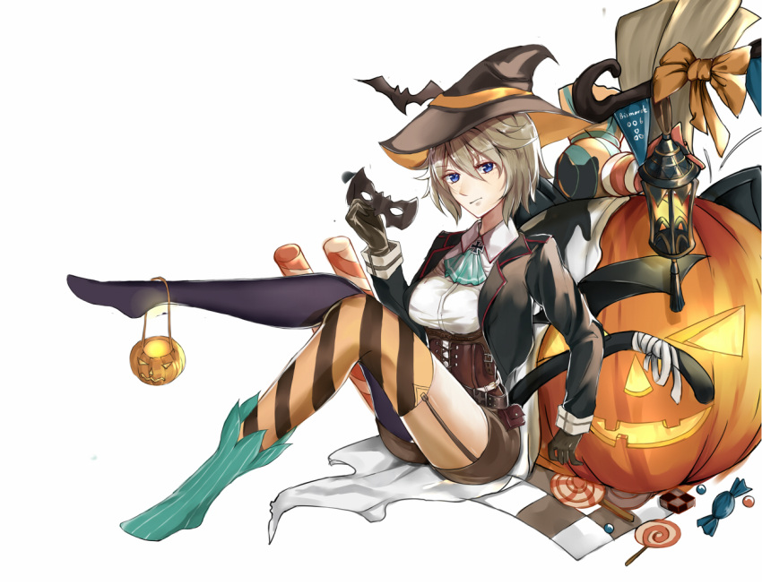 1girl alternate_costume asymmetrical_legwear belt bismarck_(zhan_jian_shao_nyu) black_jacket blue_eyes bow brown_gloves brown_hair brown_hat brown_shorts candy closed_mouth cushion food garter_straps girdle gloves halloween hand_up hat holding holding_mask iron_cross jack-o'-lantern jacket leaning_on_object lights lollipop looking_at_viewer mask neckerchief no_shoes one_leg_raised open_clothes open_jacket pointy_hair pumpkin purple_legwear shirt short_hair shorts sitting sitting_on_lap sitting_on_person solo striped striped_legwear thigh-highs white_background white_shirt witch_hat yamashita_hakuu zhan_jian_shao_nyu
